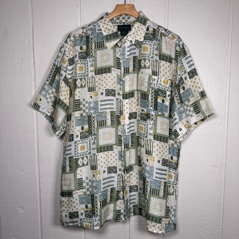Scandia Woods Geometric Silk Button Front Shirt Resortwear Casual sz Large Tall